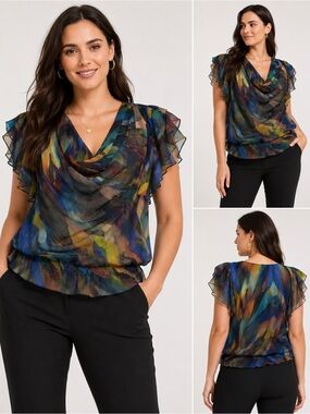 Ted Baker London Abstract Print Sheer Polyester Blouse Size S Flutter Sleeve EUC